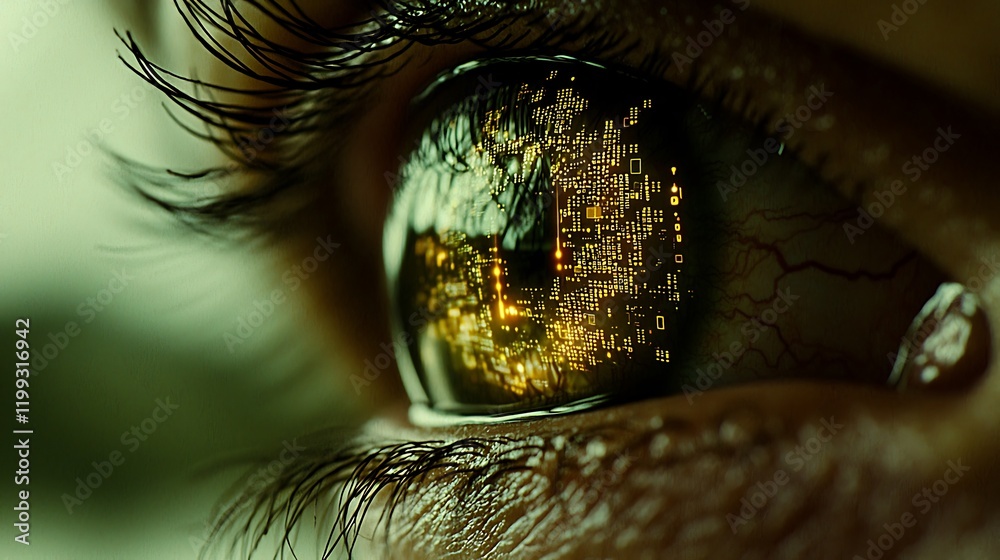 Close-up of an eye featuring layers of luminous digital codes and a high-tech atmosphere with vibrant neon accents Close-up of an eye featuring layers of luminous digital codes and a high-tech atmosphere with vibrant neon accents