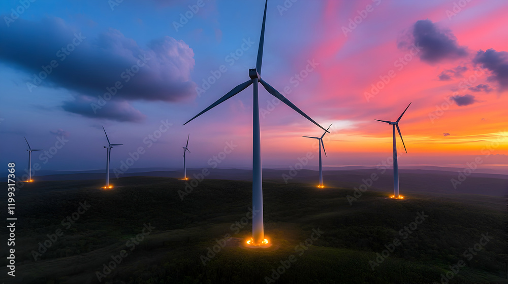 Obraz premium Renewable energy wind farm at dusk with glowing turbines and a sharp view of the horizon under a vibrant sky