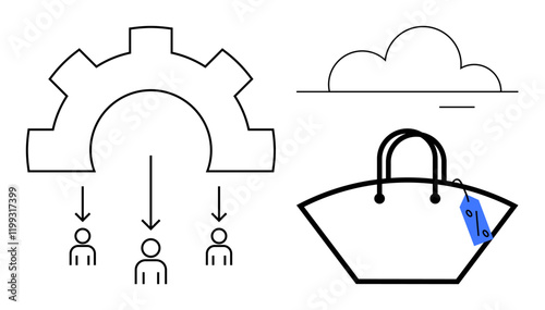 Gear distributing tasks to users, cloud symbolizing storage, shopping bag representing e-commerce with price tag. Ideal for e-commerce, workflow, business processes, cloud storage, online shopping
