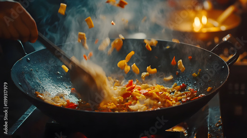 Close-up of vibrant vegetables and noodles being stir-fried in a wok with dramatic steam and motion blur photo