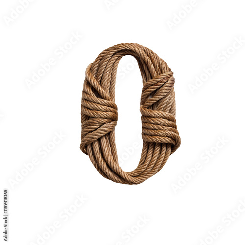 The number 0 crafted entirely from thick, textured brown rope. Twisted strands shape it with rustic charm, ending in knots at the base for a natural, handcrafted look. photo