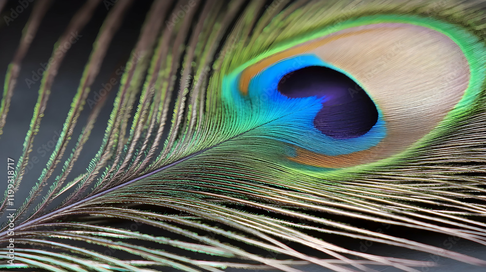 Obraz premium Vibrant peacock feather close-up showing intricate patterns and iridescent hues under soft focused lighting