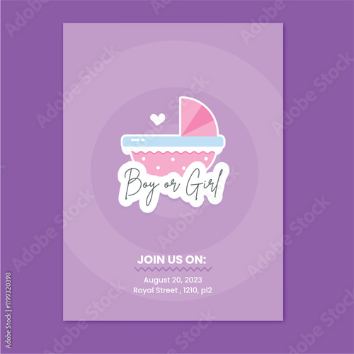 Poster for gender reveal party with baby stroller with text boy or girl. Vector illustration for card, , design, flyer, poster, banner