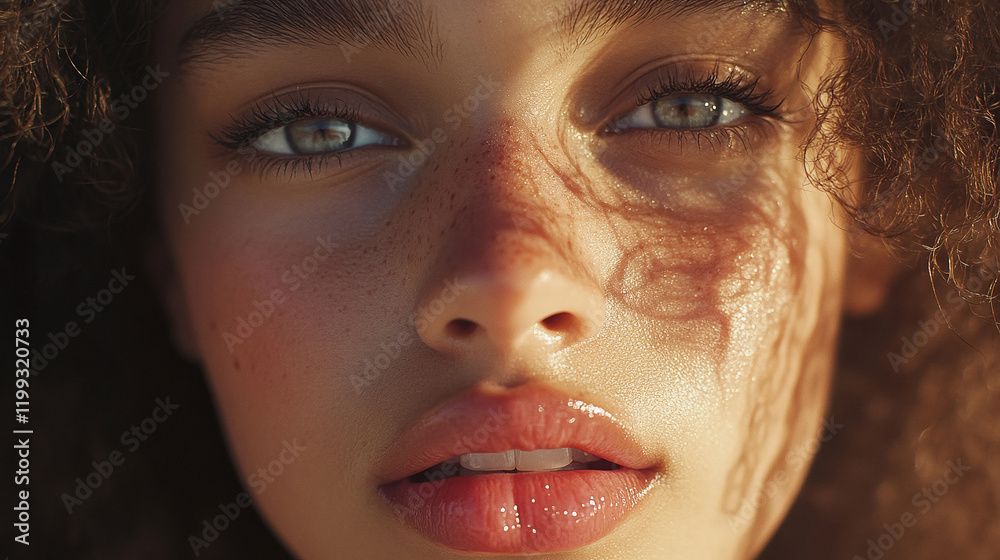 Close-up view of soft lips highlighted by natural light with a fresh makeup look showcasing a subtle gloss effect Close-up view of soft lips highlighted by natural light with a fresh makeup look showcasing a subtle gloss effect