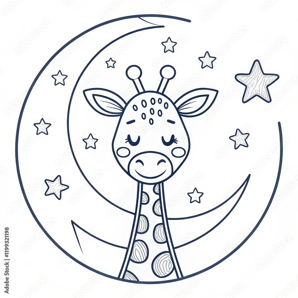 Cute giraffe illustration with stars and moon in a whimsical design. Cute giraffe illustration with stars and moon in a whimsical design.