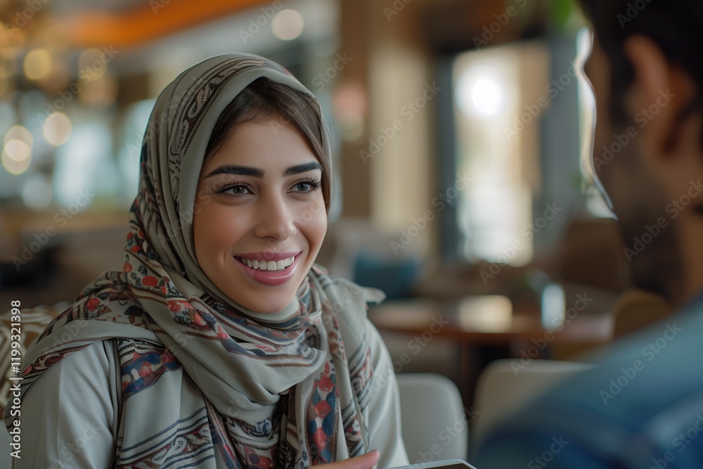 A smiling woman in a hijab engages in a lively conversation in a cozy cafe setting, radiating warmth and connection. A smiling woman in a hijab engages in a lively conversation in a cozy cafe setting, radiating warmth and connection.