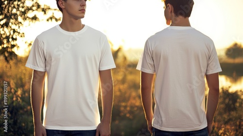 Blank White T-Shirt Mockup: Two Models in a Sunset Meadow