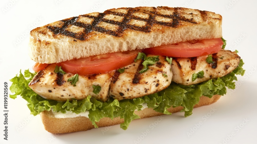 A grilled chicken sandwich with fresh lettuce and tomato, beautifully displayed on a white background, A grilled chicken sandwich with fresh lettuce and tomato, beautifully displayed on a white background,