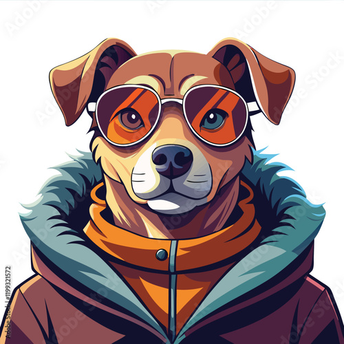 Beautiful dog head wearing human coat and sunglasses vector artwork illustration 