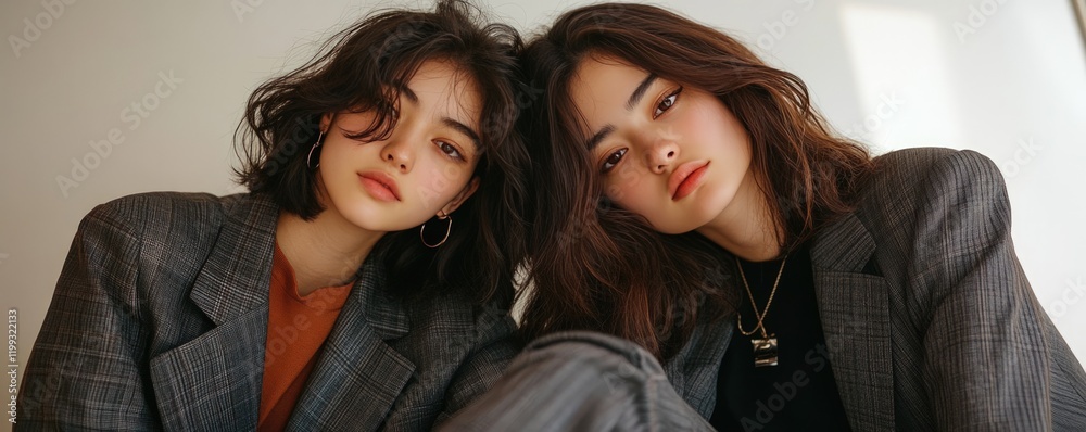 Portrait of Two Young Women in Stylish Blazers, Close-Up Fashion Shot Portrait of Two Young Women in Stylish Blazers, Close-Up Fashion Shot