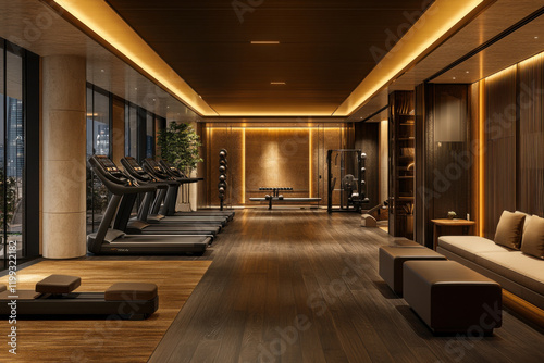 This luxury fitness center showcases a stylish interior with plush decor, featuring modern exercise equipment and a calm atmosphere ideal for a refreshing workout session.