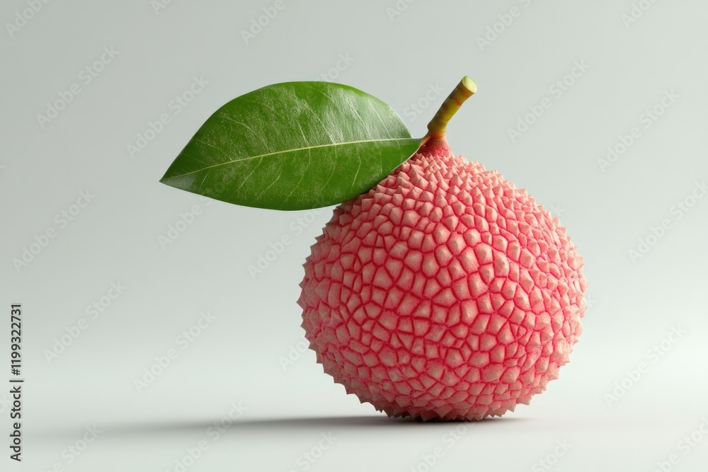 Vibrant lychee fruit with textured skin and green leaf on smooth Vibrant lychee fruit with textured skin and green leaf on smooth