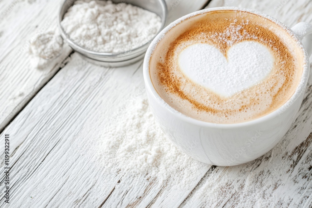 Delicious cappuccino with heart latte art on a bright wooden table in a cozy setting Delicious cappuccino with heart latte art on a bright wooden table in a cozy setting