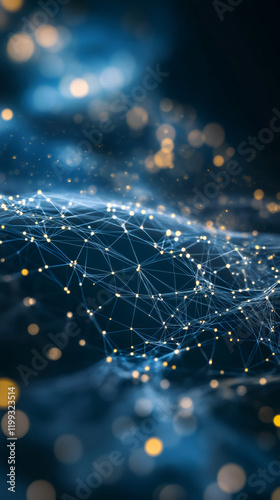 Luminous digital network expanding spherically, interconnecting glowing nodes with blurred background and depth-shifting perspective