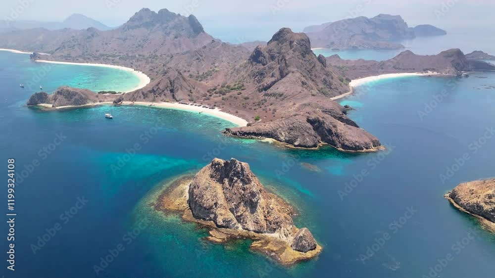 Aerial panoramic of Komodo Island, Indonesia. Beauty in nature, pristine waters and untouched beaches. Aerial panoramic of Komodo Island, Indonesia. Beauty in nature, pristine waters and untouched beaches.