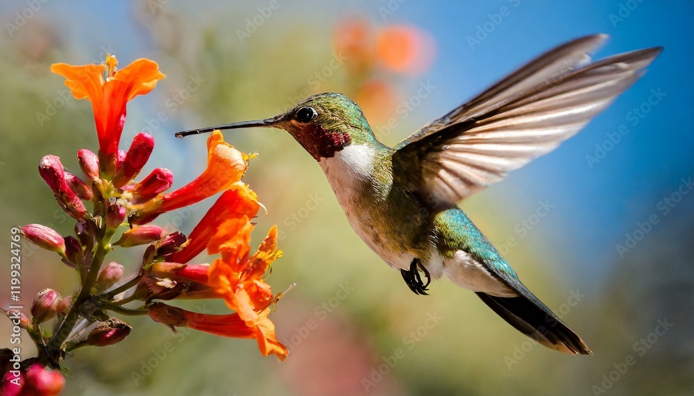 Fototapeta premium Hummingbird flying taken the nectar from the flower.