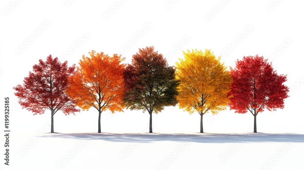 Fototapeta premium Five trees displaying varied autumn colors against a stark white background