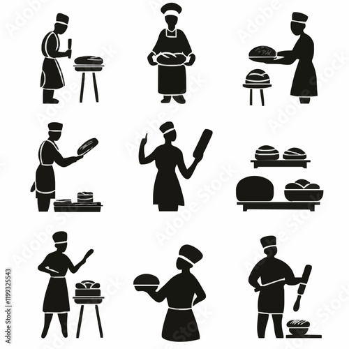 10 black simple silhouette depictions of humans performing various professional activities on a white background