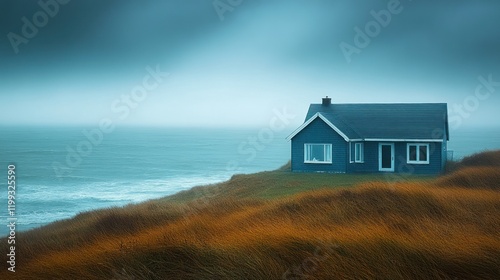 Secluded seaside cottage, misty ocean view.