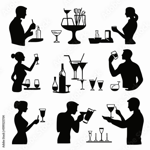 10 black simple silhouette depictions of humans performing various professional activities on a white background