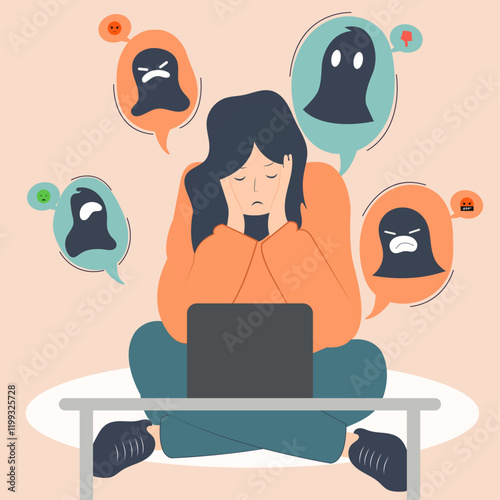 Emotional Impact of Online Harassment on Teens and Women. Women sadly seeing laptop cyber bulling online opinion.