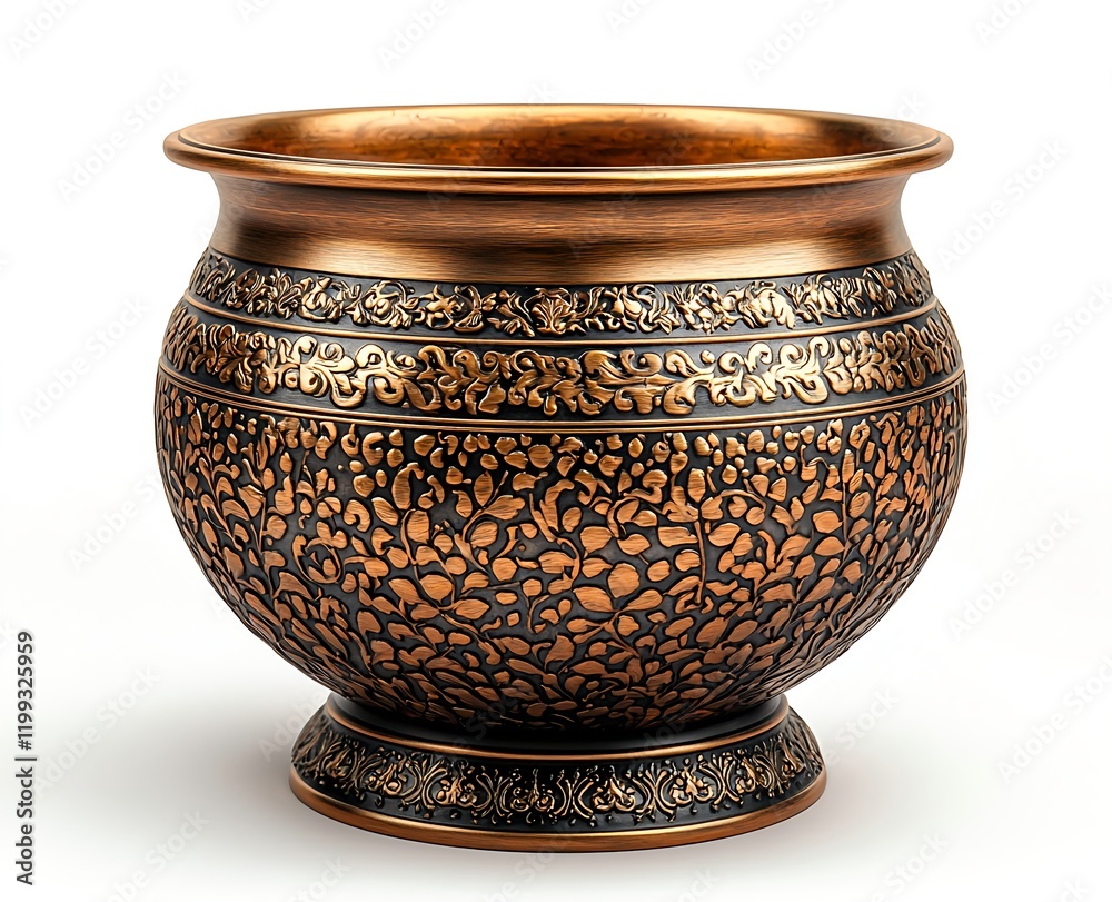 An ornate round golden pot features intricate designs An ornate round golden pot features intricate designs