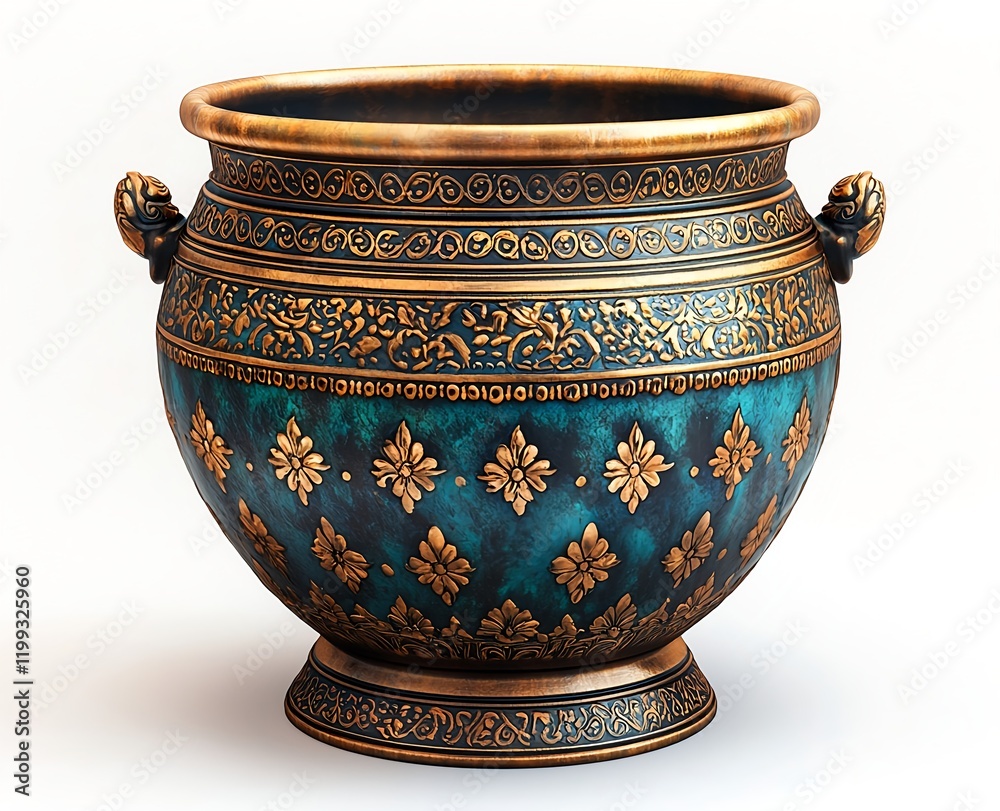 An ornate round golden pot features intricate designs