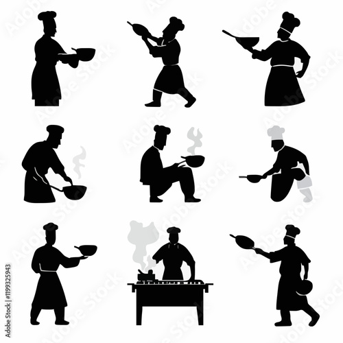 10 black simple silhouette depictions of humans performing various professional activities on a white background