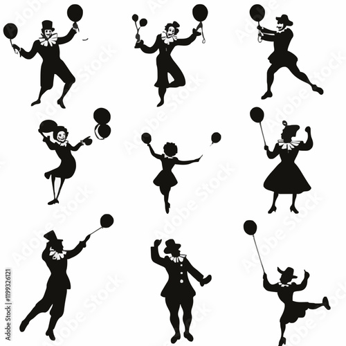 10 black simple silhouette depictions of humans performing various professional activities on a white background