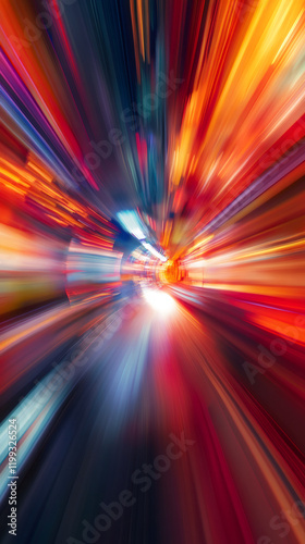 Abstract colorful light trails background with motion blur effect simulating fast movement in a tunnel