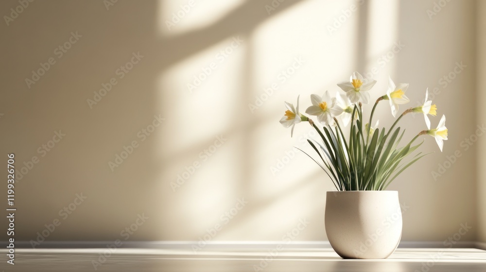 A Minimalist Still Life with White Daffodils in a Round Pot and Wall Shadow A Minimalist Still Life with White Daffodils in a Round Pot and Wall Shadow