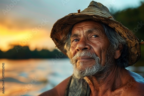 A thoughtful elderly man gazes into the distance, embodying wisdom and stories of his experiences by the water. photo