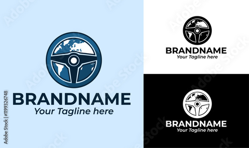 Modern Globe and Steering Wheel Logo Design Template for Taxi Ride Hailing and Travel Services