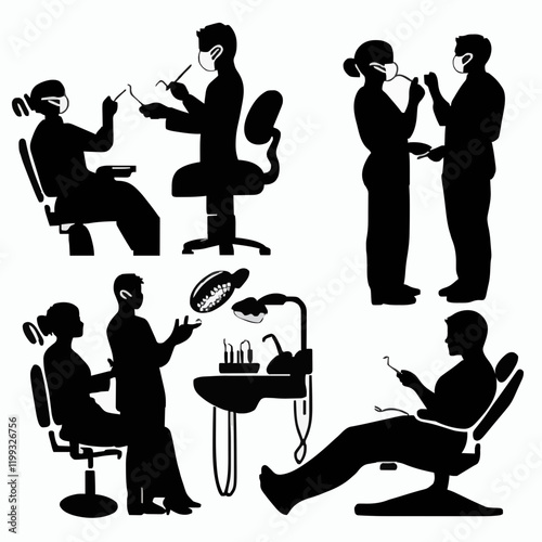 10 black simple silhouette depictions of humans performing various professional activities on a white background