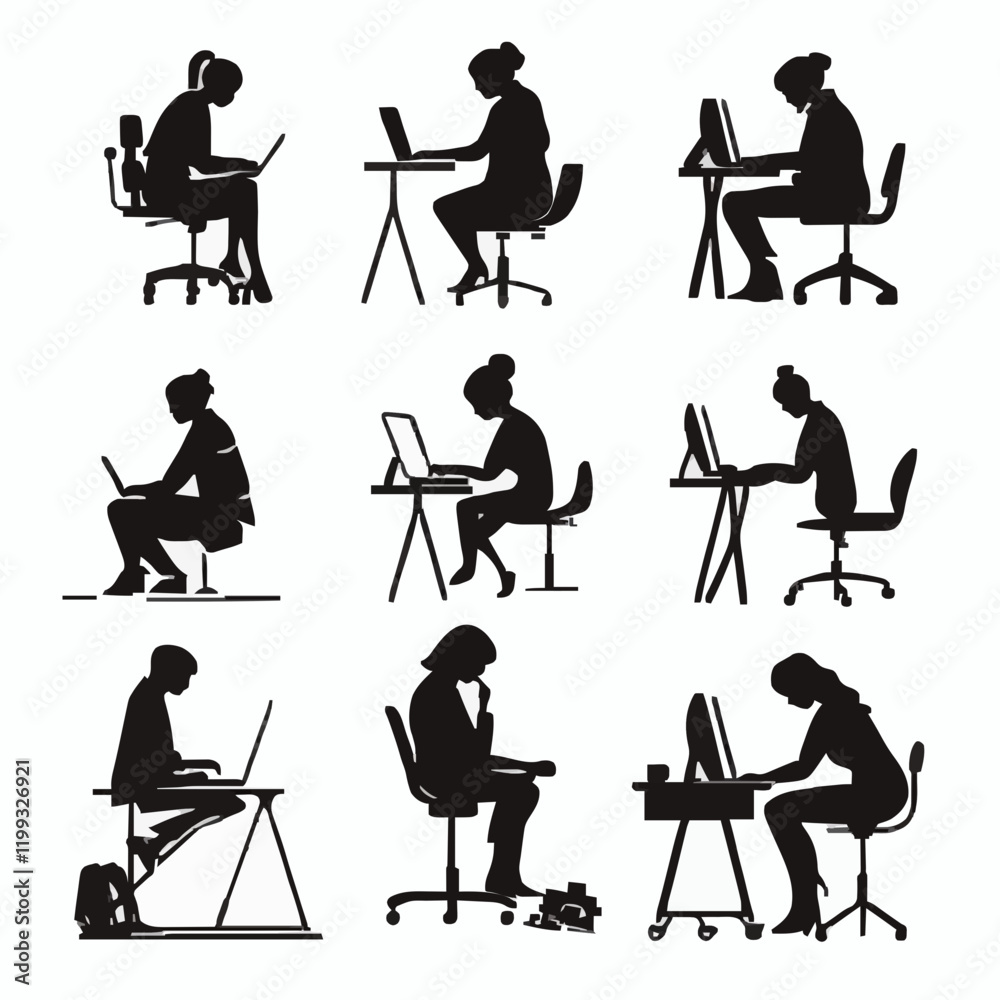 Fototapeta premium 10 black simple silhouette depictions of humans performing various professional activities on a white background