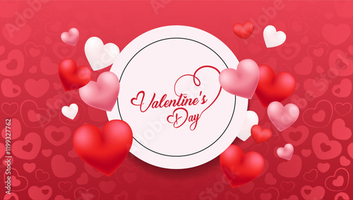 Red and pink hearts are scattered throughout symbolizing love and affection Valentine's Day in festive font within a circular frame surrounded by a heart patterned background creating a romantic