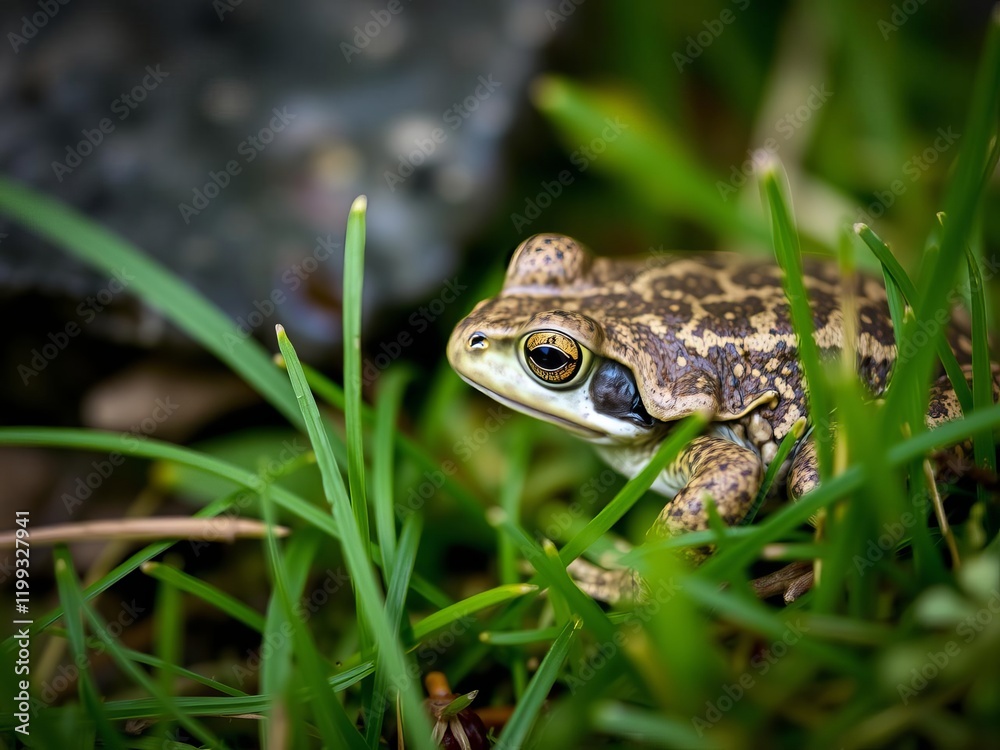 Close up photo of a toad camouflaged in lush green grass in Sweden, reptile, wildlife Close up photo of a toad camouflaged in lush green grass in Sweden, reptile, wildlife