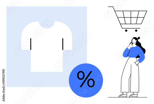 T-shirt and percentage sign on left, a thoughtful woman in modern attire, and a minimalistic shopping cart. Ideal for e-commerce, fashion sales, retail marketing, consumer behavior, online discounts