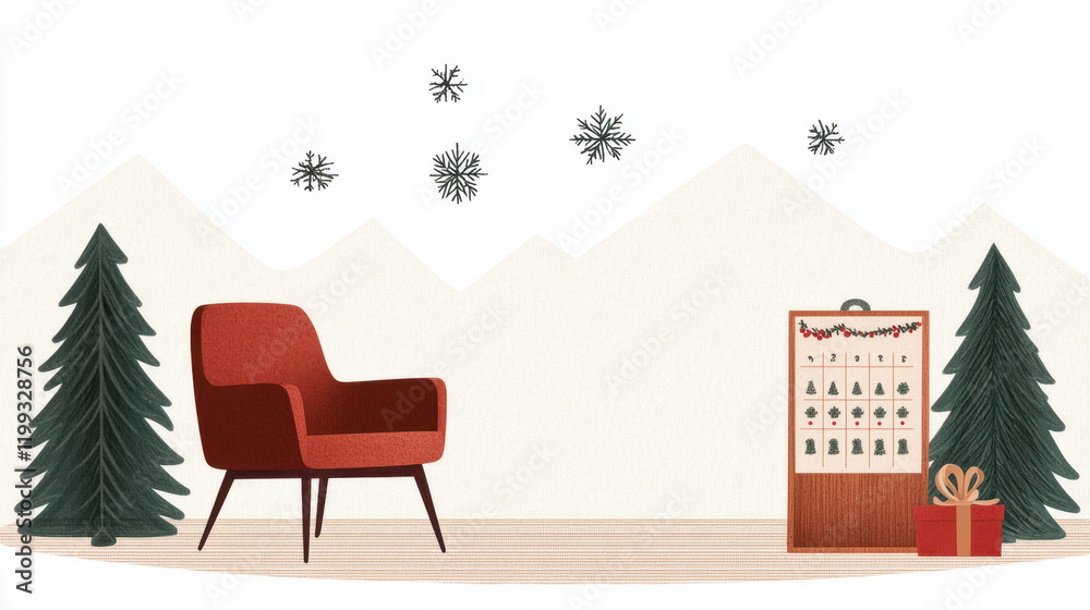 Obraz premium A cozy winter scene featuring a red chair, a calendar, and Christmas decorations amidst snowy mountains and evergreen trees.