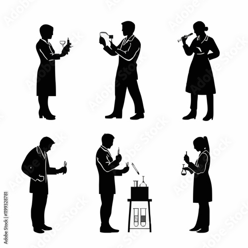 10 black simple silhouette depictions of humans performing various professional activities on a white background