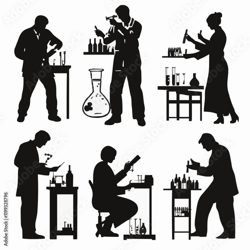10 black simple silhouette depictions of humans performing various professional activities on a white background