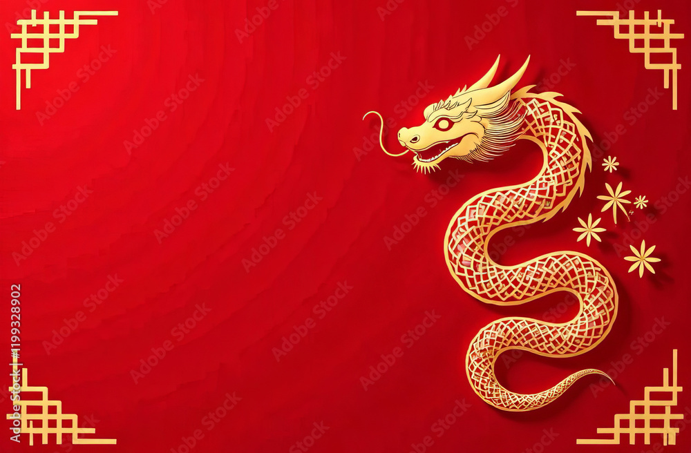 Chinese new year banner with snake for 2025 featuring golden floral patterned snake reptile. Copy space. Chinese new year banner with snake for 2025 featuring golden floral patterned snake reptile. Copy space.