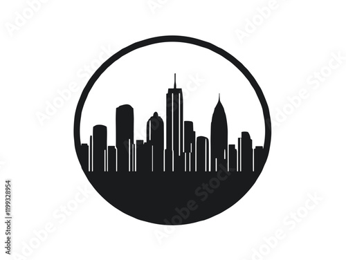 circular city skyline silhouette in black and white
