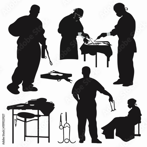 10 black simple silhouette depictions of humans performing various professional activities on a white background