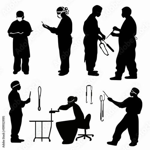 10 black simple silhouette depictions of humans performing various professional activities on a white background