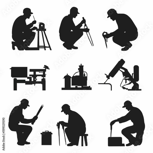 10 black simple silhouette depictions of humans performing various professional activities on a white background