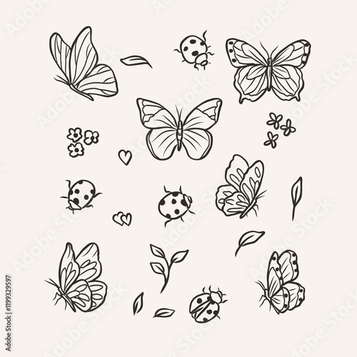 Hand drawn spring insects collection. Whimsical illustration