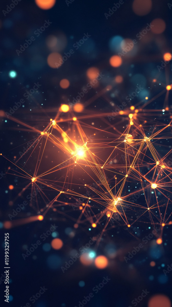 Fototapeta premium Bright orange digital network connecting polygonal nodes, glimmering against shadowy backdrop