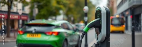 Blurred background of electric vehicle charging station on London city street, March 5, 2020, urban, eco-friendly, charging station photo