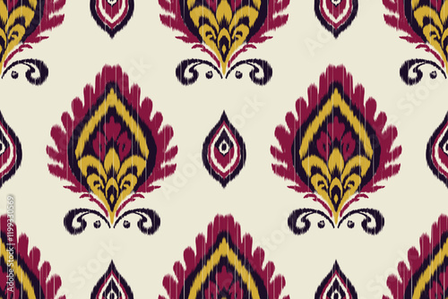 Seamless ethnic Ikat pattern with tribal and folk embroidery influences, featuring Aztec geometry in a Mexican style. Ideal for graphic design, carpets, wallpapers, wrapping paper, and clothing.